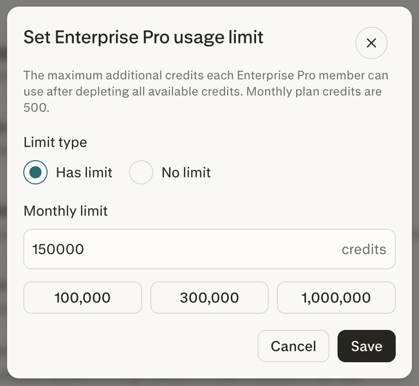 Set usage limit modal for the Enterprise Pro seat tier with No limit and Has limit options and a field for the maximum additional credits per member.