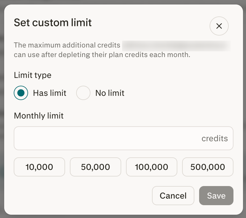Set custom limit modal with No limit and Has limit options and a field for the maximum additional credits a member can draw from the organization pool.