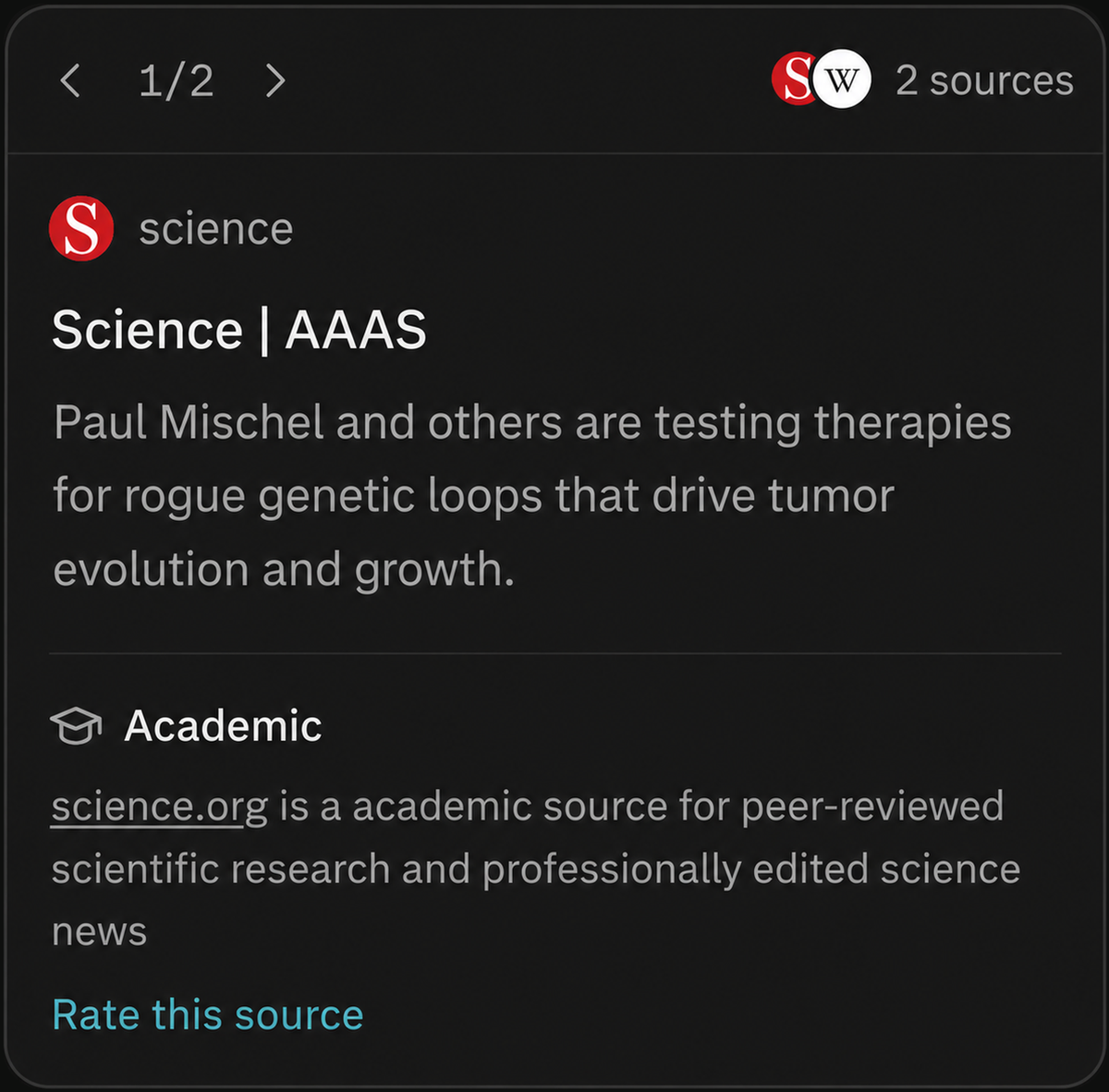 Source detail card for science.org showing the Academic label and the description "science.org is an academic source for peer-reviewed scientific research and professionally edited science news".