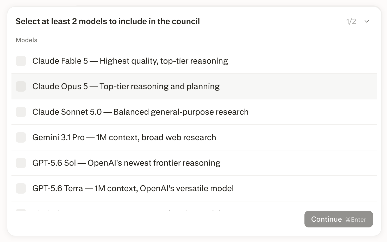 The model picker in Computer, prompting the user to select at least two models to include in the council.