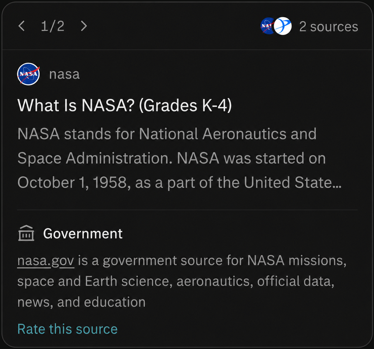 Source detail card for nasa.gov showing the Government label and the description "nasa.gov is a government source for NASA missions, space and Earth science, aeronautics, official data, news, and education".