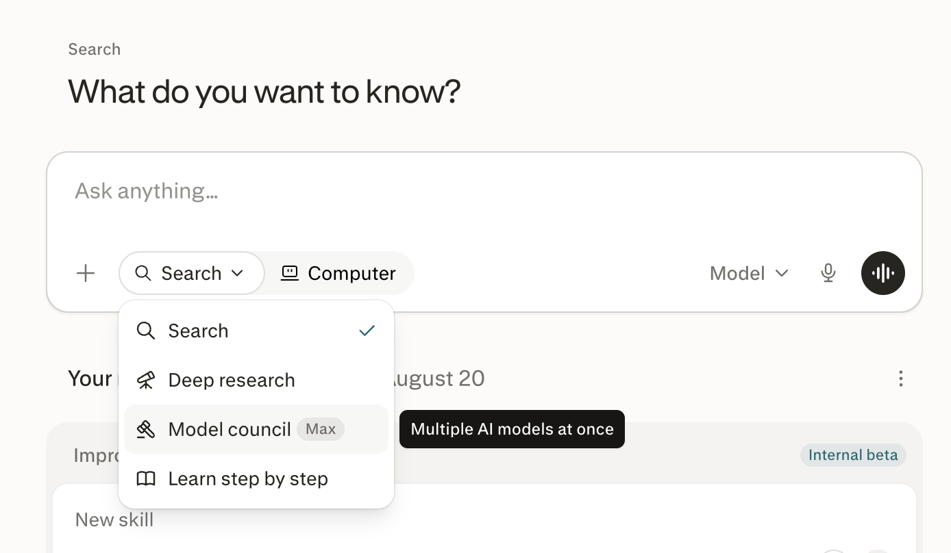 The Search dropdown below the search bar, with Model Council highlighted.