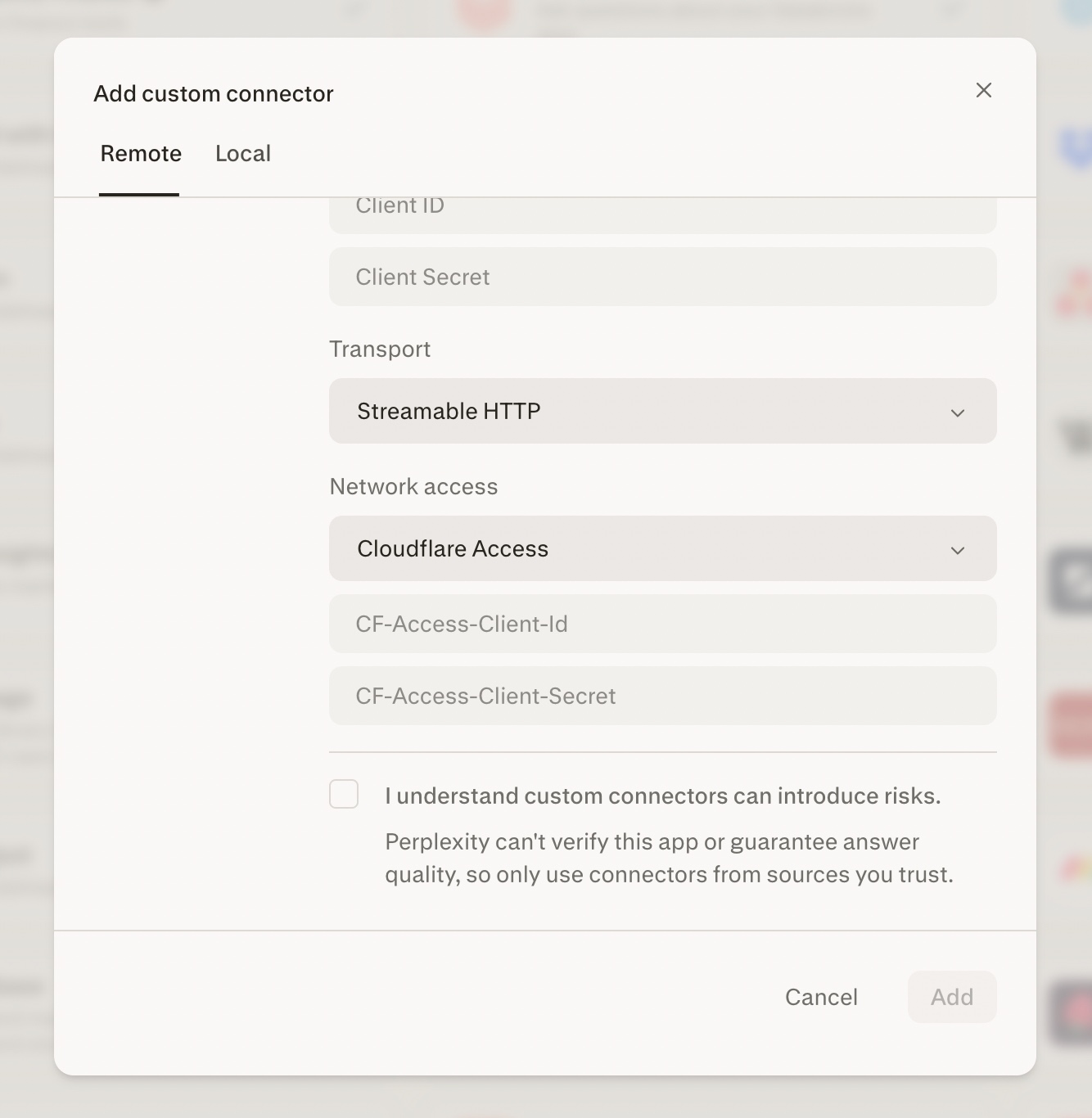Add custom connector modal with Network access set to Cloudflare Access, showing the CF-Access-Client-Id and CF-Access-Client-Secret fields