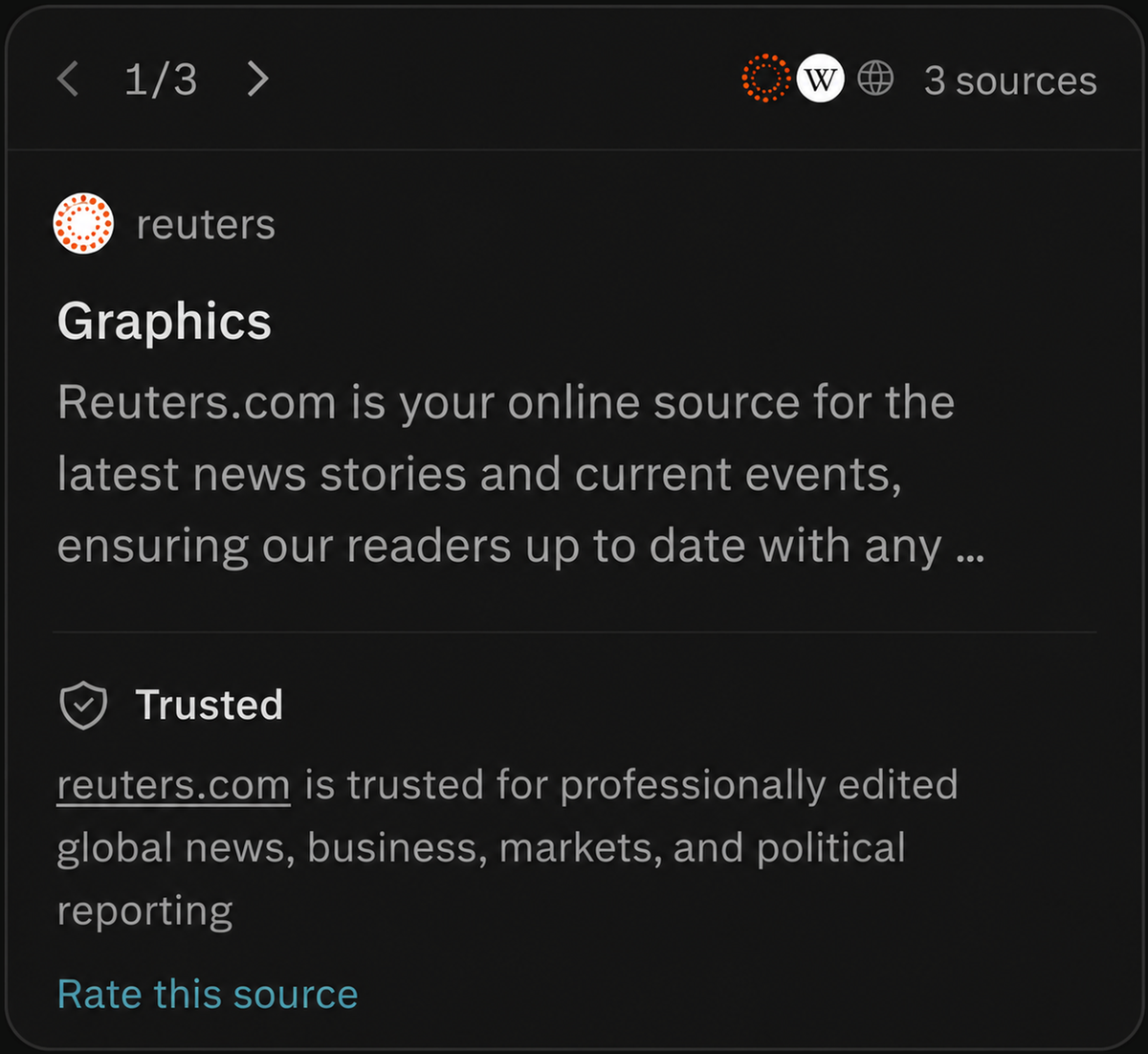 Source detail card for reuters.com showing the Trusted label and the description "reuters.com is trusted for professionally edited global news, business, markets, and political reporting".