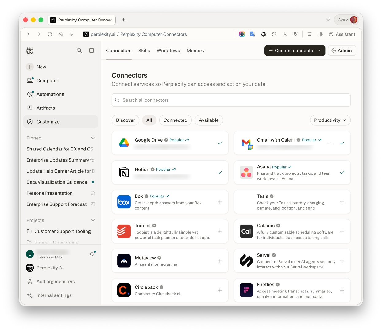 Perplexity Connectors page showing available cloud-storage services.