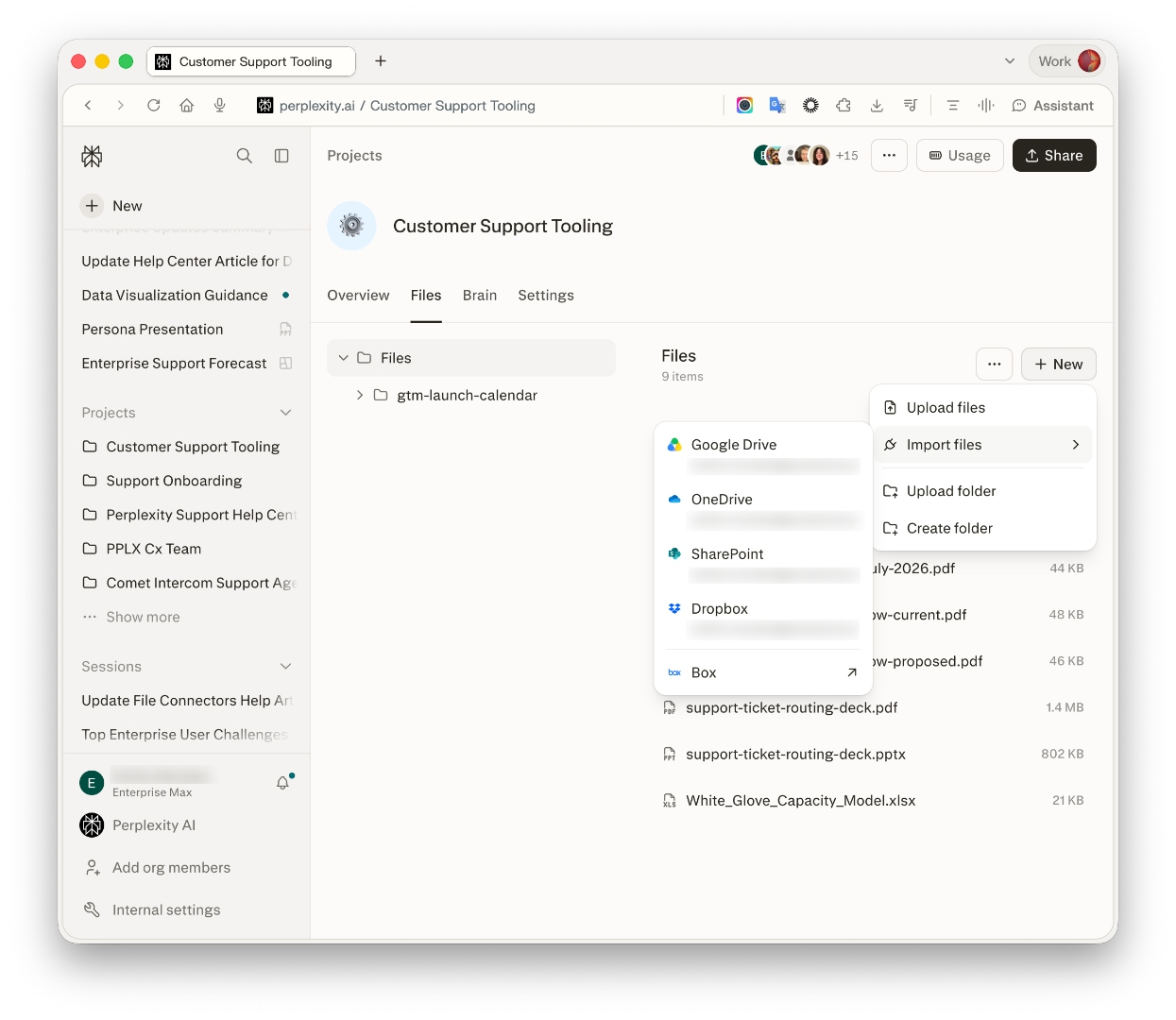 Project Files import menu showing Google Drive, OneDrive, SharePoint, Dropbox, and Box.