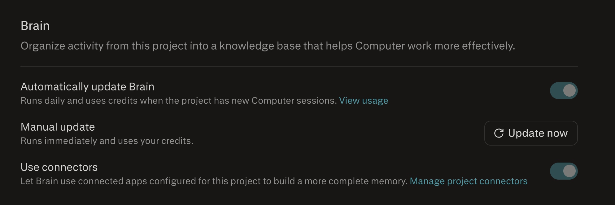 Project Brain settings showing Automatically update Brain, Manual update, and Use connectors options