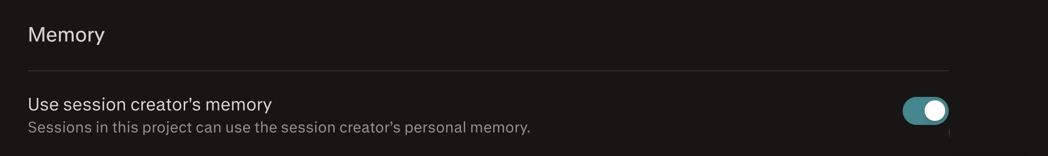 Project Memory panel with Use session creator's memory toggle turned on