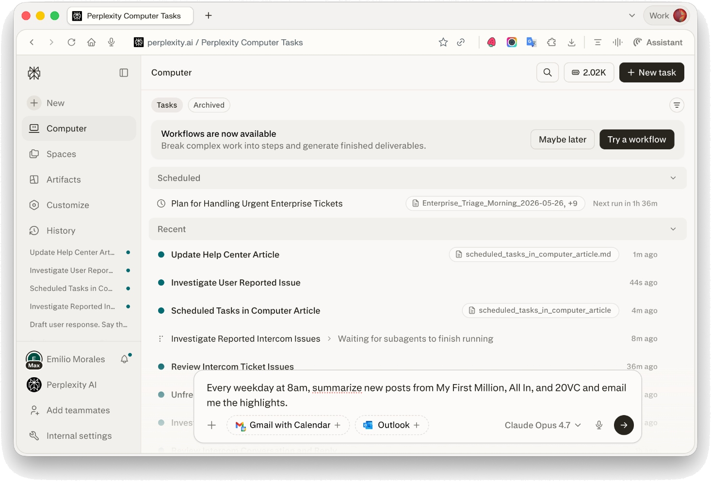 Computer Tasks page with a recurring task prompt entered in the input box